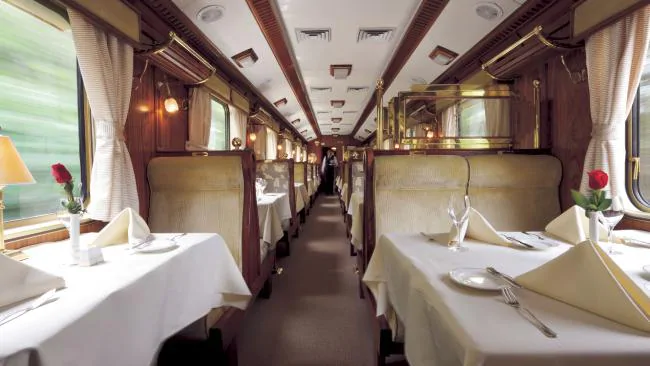 A dining car on the Belmond Hiram Bingham.
